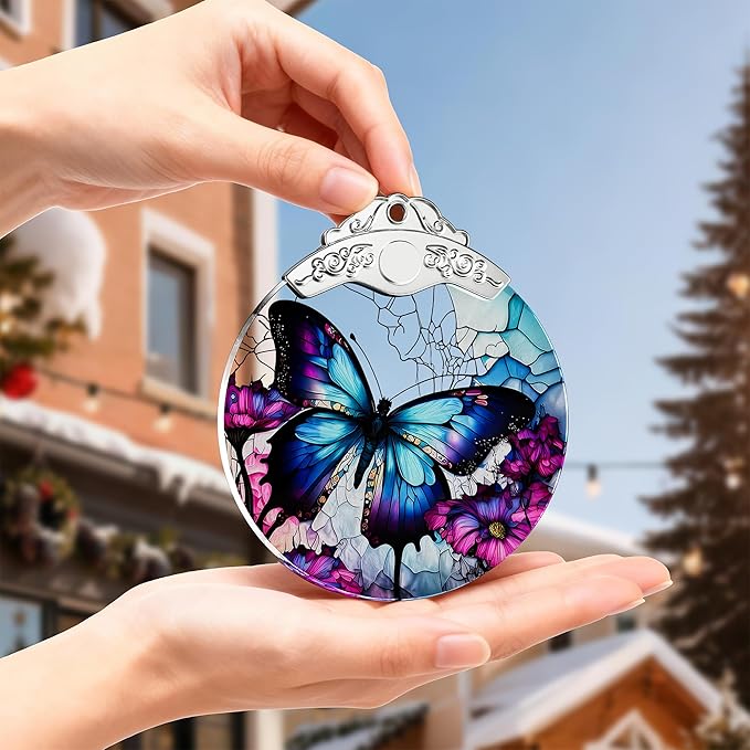 Butterfly Gifts for Women, Stained Glass Ornaments, Purple Butterfly Decorations, Hanging Holiday Presents Idea, Car Hanging Ornaments, Car Charm, Mirror Accessories