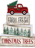 Lineshading 4 Pcs Christmas Decor Wooden Red Truck Winter Tiered Tray Decor Rustic Merry Christmas Table Centerpiece Wood Red Truck Block Sign Gift Farmhouse for Home Kitchen Tabletop Office Shelf
