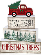 Lineshading 4 Pcs Christmas Decor Wooden Red Truck Winter Tiered Tray Decor Rustic Merry Christmas Table Centerpiece Wood Red Truck Block Sign Gift Farmhouse for Home Kitchen Tabletop Office Shelf