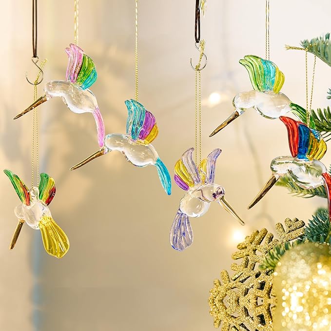 6Pcs Hand Blown Glass Hummingbird 1.3''*2.7'' Small Hanging Ornaments Crystal Humming Bird Figurines Collectible Decor for Home