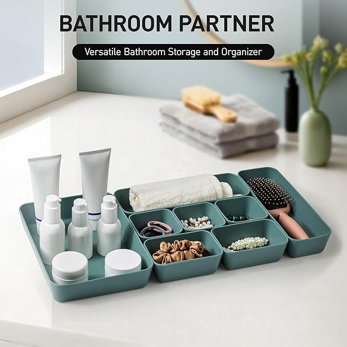 ISSEVE 8Pcs Nesting Silicone Drawer Organizer Trays, 4 Size Versatile Vanity Bathroom & Desk Drawer Organizer Set Storage Bins for Office,Kitchen,Nightstand,Green
