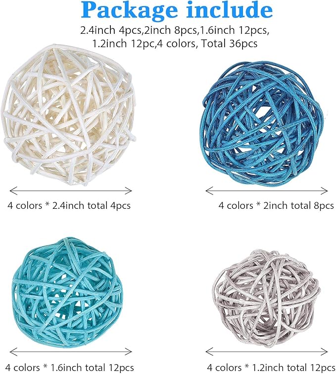 Patelai 36 Pcs Wicker Rattan Balls Decorative Balls for Vase Centerpiece Bowls Orbs Filler for Home Decor,4 Sizes (Dark Blue, Sky Blue, Gray, White,2.4'',2'',1.6'',1.2'')