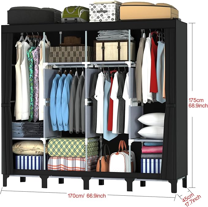 Non-Woven Wardrobe, No Tools Required, Large Capacity, Easy Assembly, Movable, Storage Rack, Waterproof, Dustproof, Stain Resistant, Black, 67.7 x 172 cm (Black, X-Large)