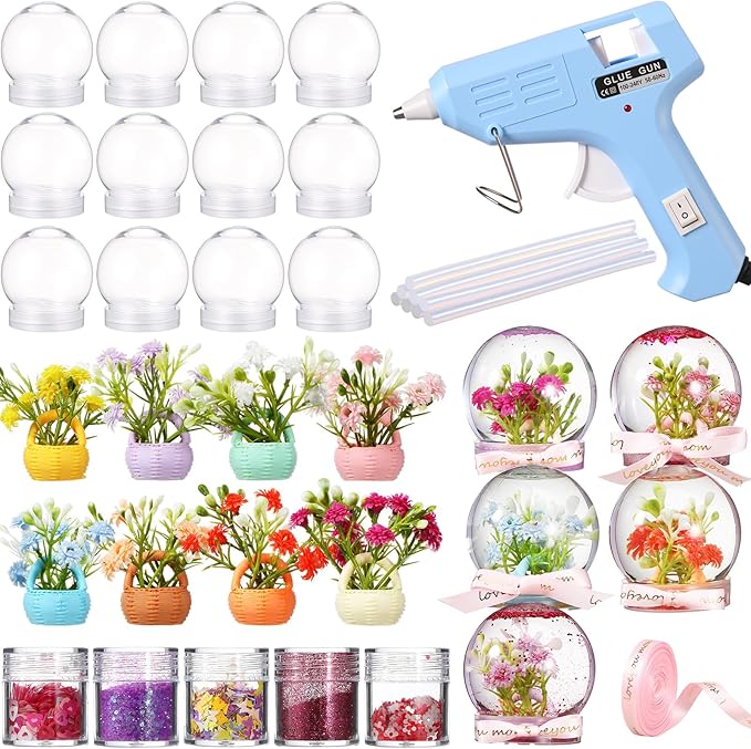 Fiwochic 16 Sets Flower Snow Globes Kit with 16 Clear Plastic Globes, 8 Styles Resin Flower Bouquets, Bottles Glitter, Mini Hot Glue Gun with Glue Sticks and Ribbon for DIY Crafts