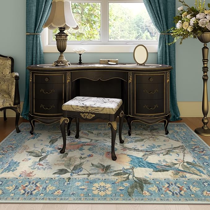 Lahome Botanical Birds 5x7 Washable Blue Living Room Rugs, Soft Non Slip Dining Room Rugs for Under Table, Boho Vintage Indoor Floor Carpet for Bedroom Home Office (5x7ft,Blue)