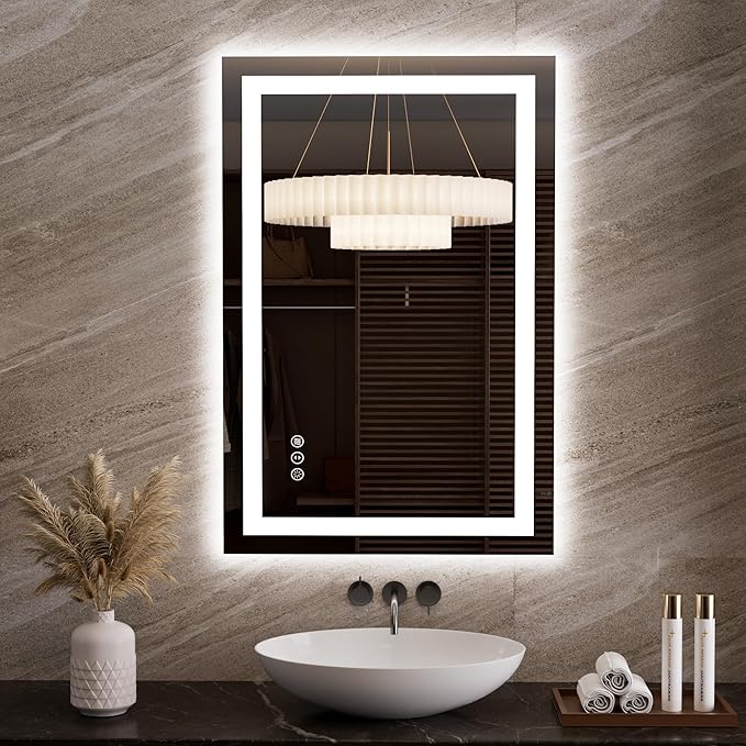 LOAAO 23.6"x35.4" LED Mirror for Bathroom, Lighted Bathroom Mirror with Lights, Anti-Fog, Dimmable, Memory Function, Clear Reflection
