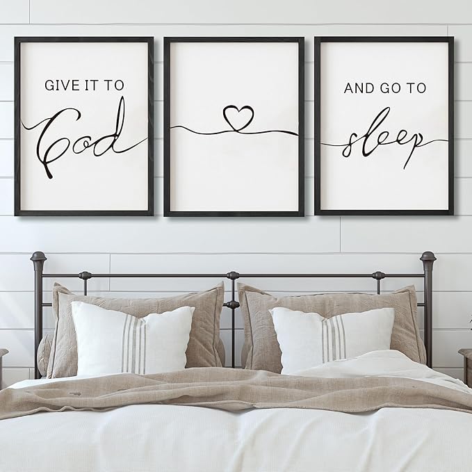 Set of 3 Framed Farmhouse Give it to God and Go to Sleep Signs Above Bed Wall Decors for Bedroom Wood Signs (Black, 16x24 inches)