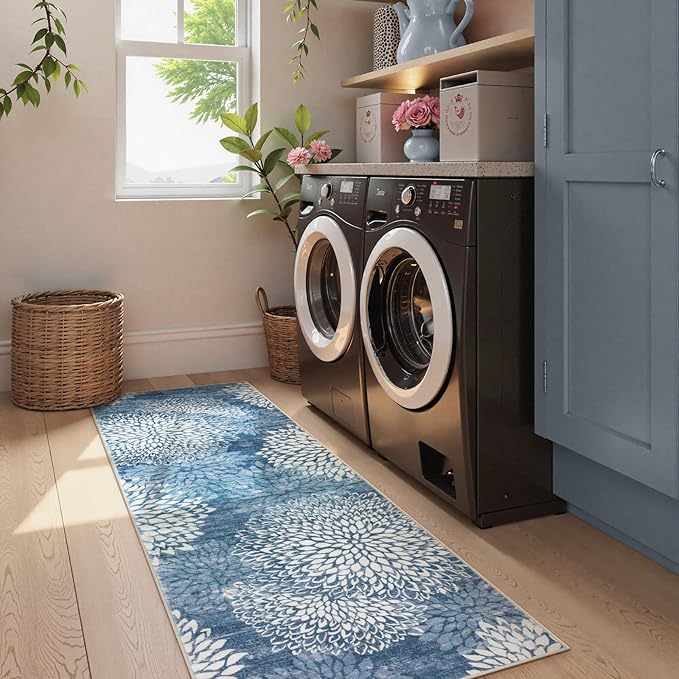 Dahlia Washable Runners for Hallways, 2x6 Blue Floral Kitchen Runner Rug,Non Slip Low Plie Hallway Rug,Boho Soft Non Shedding Carpet Runner for Bathroom Bedroom Laundry,Blue