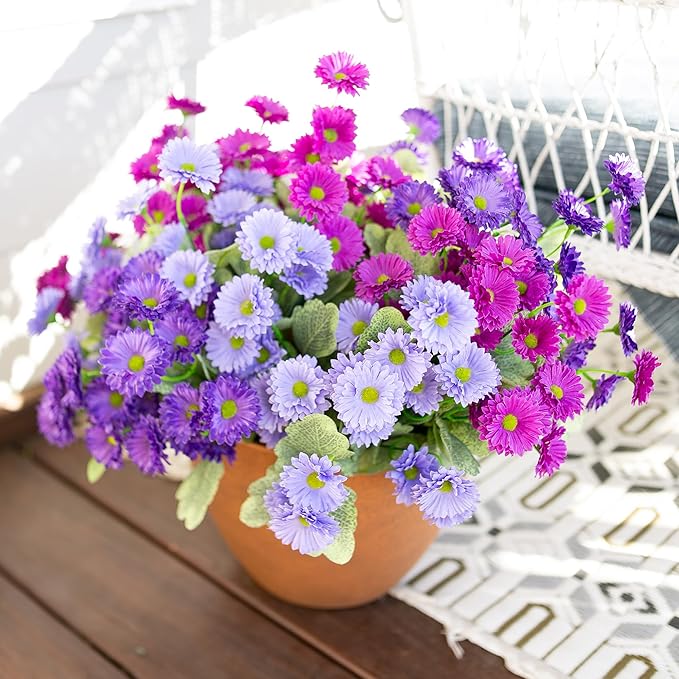 HyeFlora Artificial Flowers for Outdoors Dahlia Spring Summer Decoration, 6 Bundles Fake Daisy Faux Plants Realistic UV Resistant Silk Flowers for Outside Planter Front Door Yard Garden Home Home, Mix