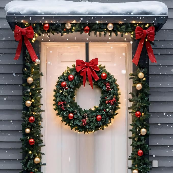 LEIFIDE 4 Pcs Width Adjustable Wreath Hanger for Front Door 1.5-3.78" Large Over the Door 4th of July Decoration Hook 20 Lbs Capacity(Black)