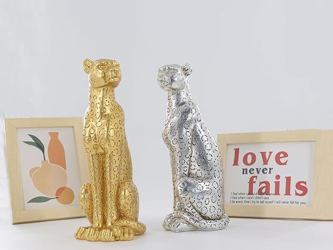 Cheetah Statue Sculptures Home Decor , 11"Silvery Leopard Antique Classical Figurine Sitting Sculpture Standing,Office,living room,dining room,display rack,coffee table or entrance tabletop decoration