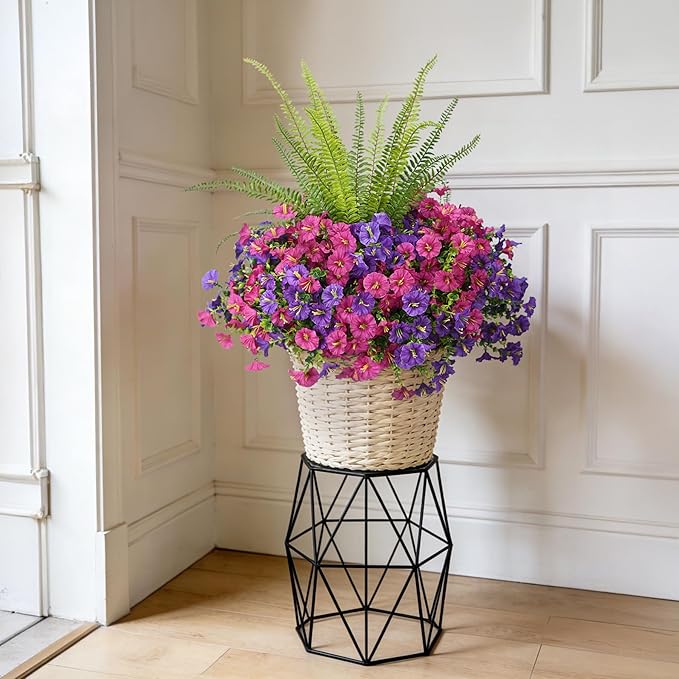 Artificial Flowers for Outdoors Faux Plants Outside Indoor,UV Resistant Silk Fake Petunia Tall Ferns for Home Patio Garden Back Yard Front Poch Decor Spring Summer(13 Bunchs,Dk. & Lt. Purple)