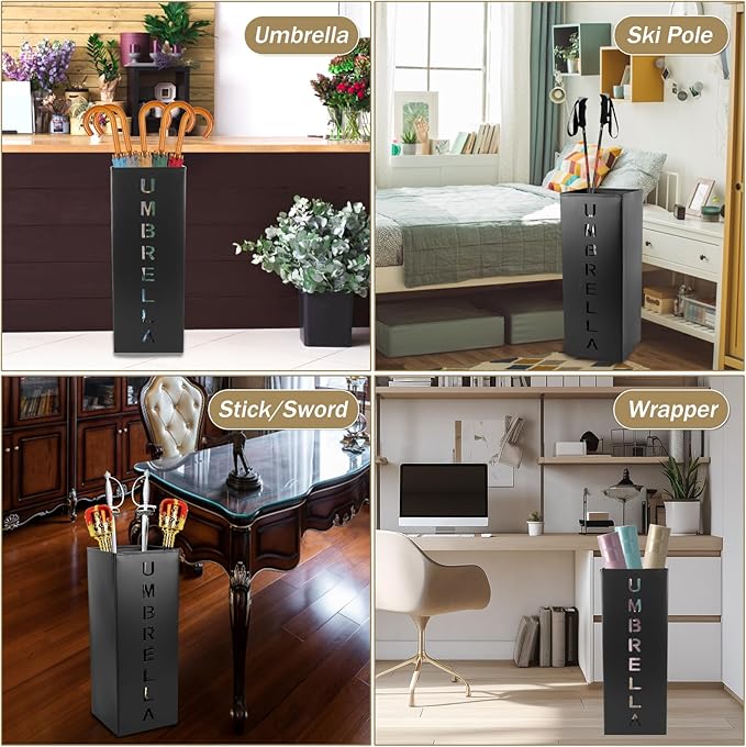 Metal Umbrella Holder, 16.5x6.3x6.3inch Square Free Standing Umbrella Rack Decorative Umbrella Holder Bin Multipurpose Walking Sticks Holder for Umbrella Cane Entryway Home Office (Style A)