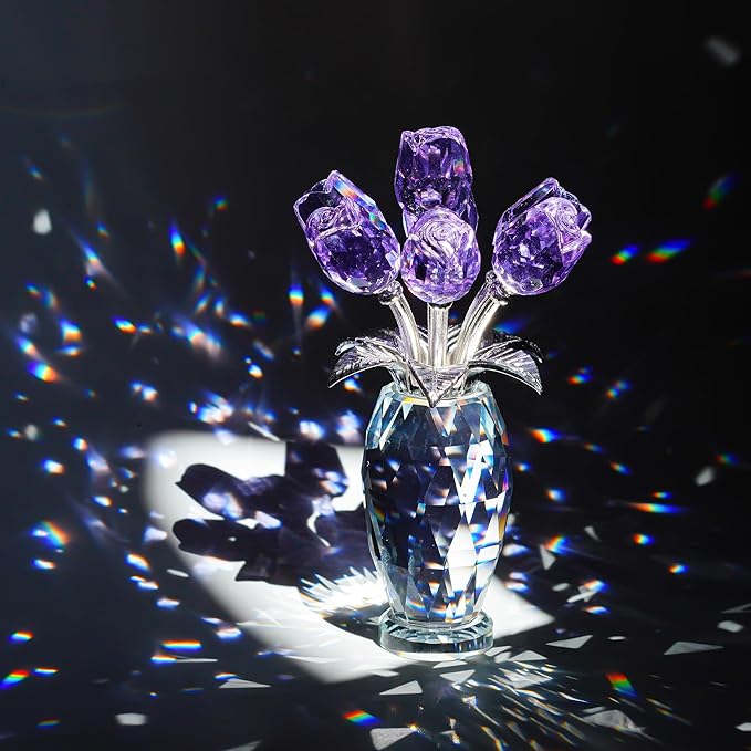 H&D HYALINE & DORA Crystal Rose Purple Flower Figurine,Rose Gifts for Mom Wife Grandma,Glass Flower Collectible Ornament Mother's Day Thanksgiving Anniversary Birthday Gifts