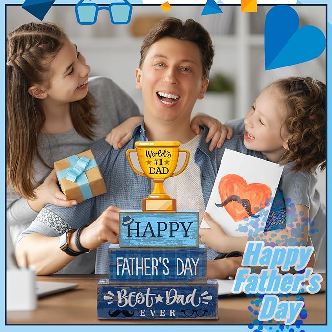 Yuntau 4 Pcs Father's Day Decorations Happy Father's Wooden Tabletop Tiered Tray Decor Rustic Best Dad Ever Trophy Block Table Sign Centerpiece for Farmhouse Shelf Office Birthday Party Gift