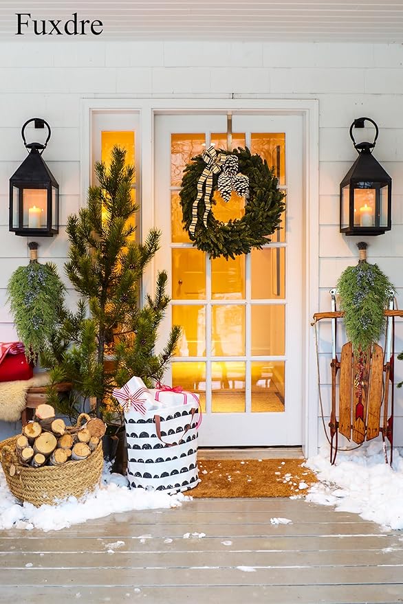 20" Christmas Artificial Juniper Swag Blueberries Teardrop Front Door Decoration Pine Cedar Real Touch Xmas Faux Evergreen Juniper Swag with Hanging Ring for Windows Wall Stair Outdoor Decor