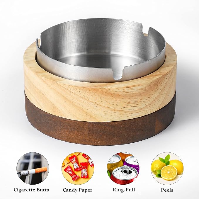 Cute Ashtrays for Cigarettes Smokeless Ash Tray with Stainless Steel Liner Windproof Wooden Ashtray with Lid for Home Office Tabletop Outside Patio