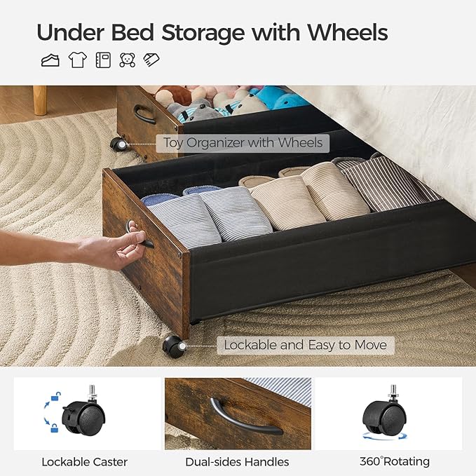Under Bed Storage with Wheels, Wooden Under Bed Drawers On Wheels, Rolling Under Bed Shoe Storage, Space Saving,Rustic Brown,80L
