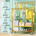 Double Rods Clothes Rack for Hanging Clothes, Heavy Duty Rolling Clothing Rack with Wheels, Freestanding Garment Racks with Oxford Bottom Shelf and Mesh Bottom Shelf for Bedroom Laundry Living Room