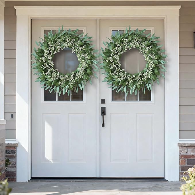 32'' Eucalyptus and Babys Breath Flowers Wreath for Front Door - Large Artificial Greenery Outdoor Wreath for Porch,Window,Farmhouse,Home,Hanging Decor- Spring, Summer, All Seasons (Green-White)