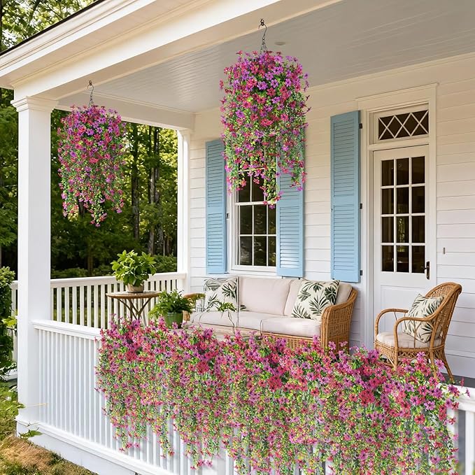 Artificial Hanging Flowers for Outdoors, 2 Pcs Fake Hanging Plant Spring Summer Decor, UV Resistant No Fade Realistic Faux Flower for Front Door Porch Planter Patio Garden Yard(Light Purple Red)