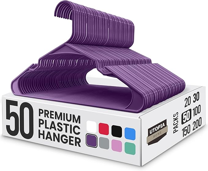 Utopia Home Plastic Hangers 50 Pack - Perfect Space Saving Clothes Hanger - Durable and Strong - Perfect Closet Organizers with Shoulder Grooves (Purple)