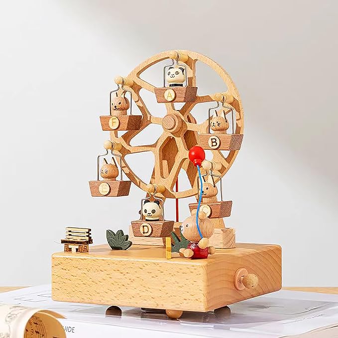 Natural Solid Wood Handcrafted Beech Wooden, Musical FigureTotoro/Carousel/Fairy/Ballerina Figurine,Rotating Hand Crank Mechanism Music Box,Musical Decorations (Skywheel)