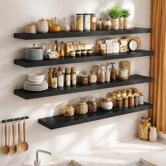 FLYJOE 24 Inch Long Floating Shelves for Wall Set of 2, 12" D Wood Grain Bathroom Shelves with Invisible Brackets, Easy Install Engineered Wood Storage Shelves for Kitchen, Living Room, Bedroom