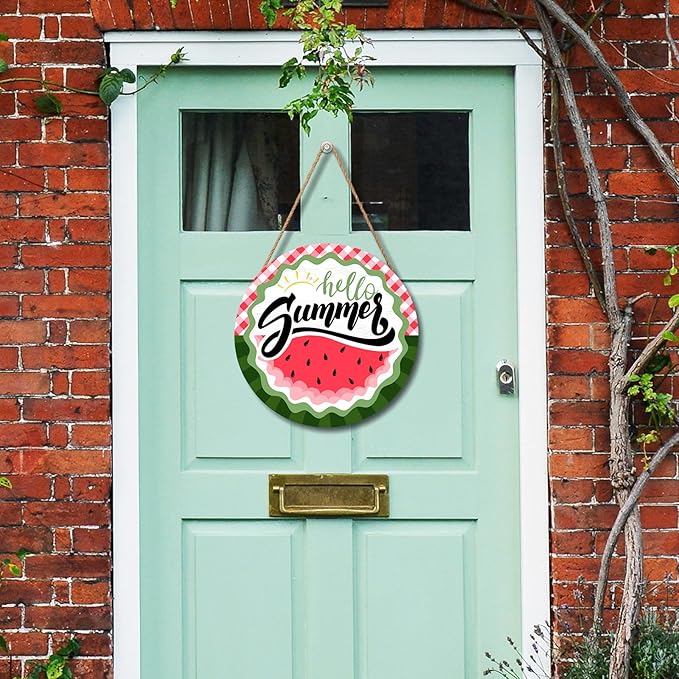 Hello Summer Watermelon Door Sign Front Door Decor Summer Watermelon Door Hanger Sign Plaque Seasonal Farmhouse Wooden Wreath Indoor Wall Hanging Decoration for Indoor Outdoor Outside Porch 12 Inch