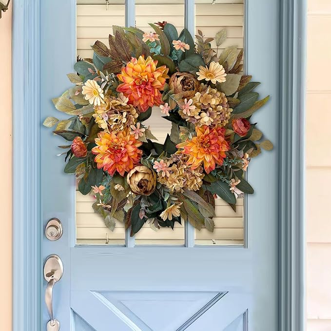 WANNA-CUL 24 Inch Spring Fall Wreaths for Front Door,Fall Wreath with Orange Hydrangea&Peony and Dahlia -Fall Decoration for Home-Fall Decor Door Wreath for Valentines Day,Mothers Day,Autumn,Harvest