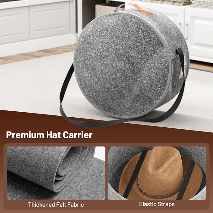 SLEEPING LAMB Cowboy Hat Box for Travel and Storage, Collapsible Cap Organizer Case with Handles & Shoulder Strap for Men Carry Cap Bag, Soft and Large Hat Box for Women Storage for Closet, Grey