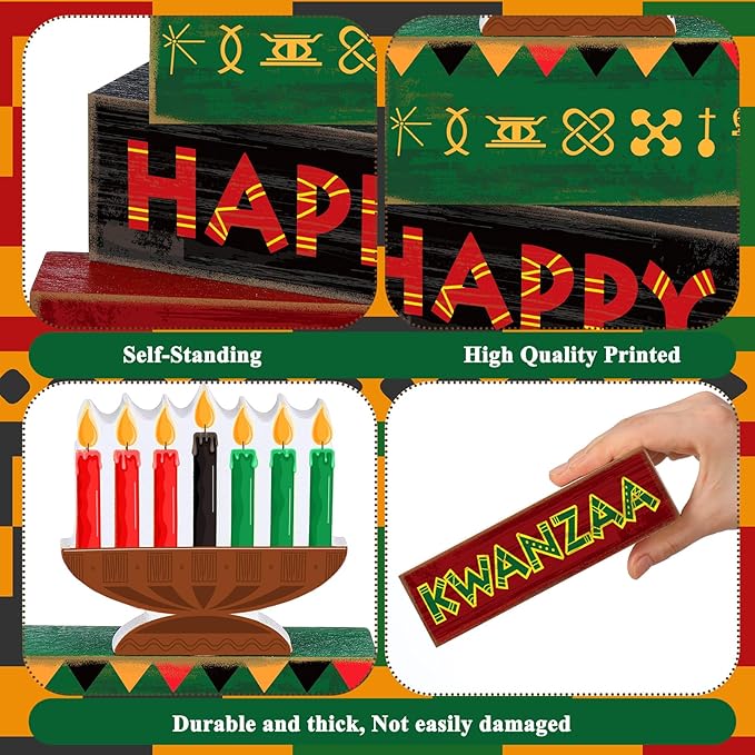 Yuntau 4 Pcs Happy Kwanzaa Table Decorations Kwanzaa Tiered Tray Decor Rustic African Candlestick Wood Block Tabletop Sign Gift Centerpiece Farmhouse Table Decor for Home Office Party Supplies