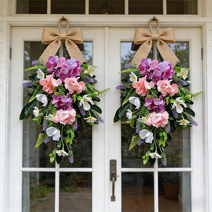 2 Pack 22'' Summer Tropical Swag Wreaths for Cabinets Artificial Hibiscus Flowers Teardrop Wreath with Palm Leaf and Fern Fronds Floral Wreath Hanger for Farmhouse Front Door Porch Window Wall Hanging