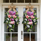 2 Pack 22'' Summer Tropical Swag Wreaths for Cabinets Artificial Hibiscus Flowers Teardrop Wreath with Palm Leaf and Fern Fronds Floral Wreath Hanger for Farmhouse Front Door Porch Window Wall Hanging