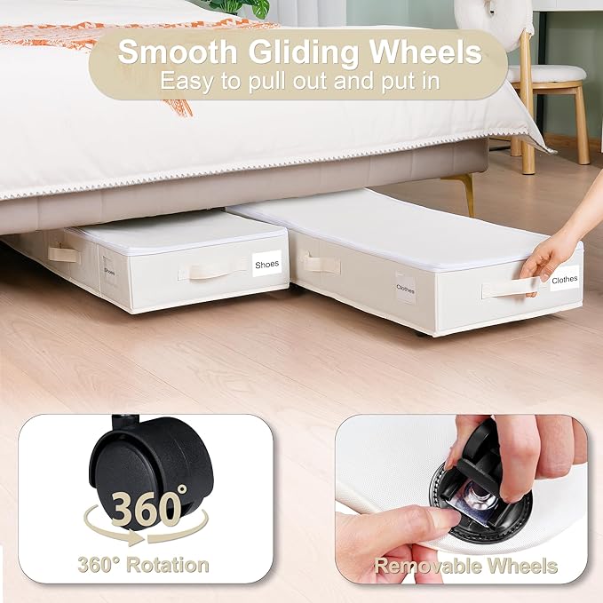 Under Bed Storage with Wheels, 2 Pack Under Bed Storage Containers with Label Holders for Clothes, Shoes and Blankets, Rolling Underbed Shoe Organizer with Cover, Beige (35.43x15.7x7.28 in)