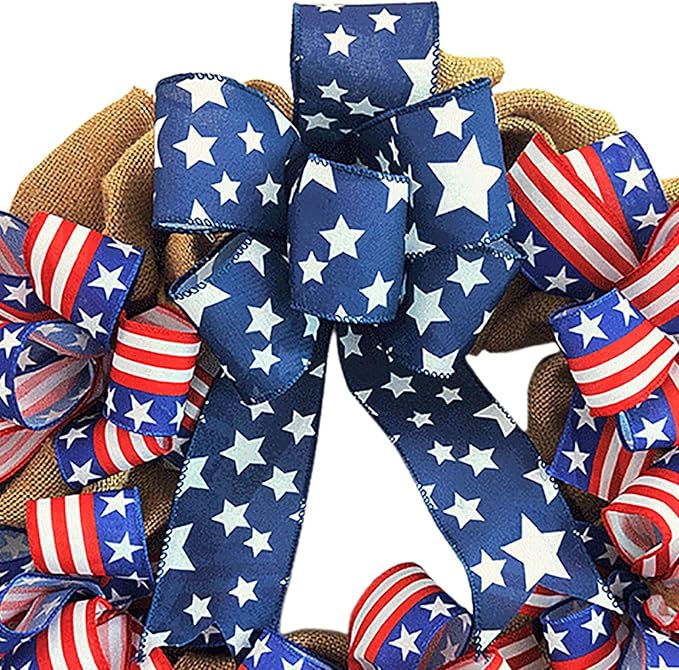 XKCL Patriotic Wreaths, 20 Inch Memorial Day Wreath, 4th of July American Flag Wreath for Front Door Decorations (Beige＆Bule)