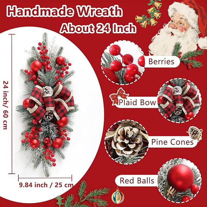 FACINOC 24" Artificial Christmas Swag for Front Door Decorative Xmas Swags with Red Berries Pine Cones Bow Festive Decorations for Mantle Wall Indoor Outdoor Holiday Home Decor (Red 1 PCS)