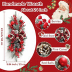 FACINOC 24" Artificial Christmas Swag for Front Door Decorative Xmas Swags with Red Berries Pine Cones Bow Festive Decorations for Mantle Wall Indoor Outdoor Holiday Home Decor (Red 1 PCS)