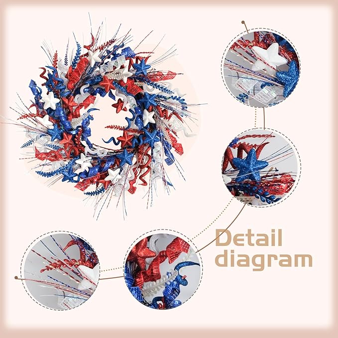 22-Inch Artificial 4th of July Wreath for Front Door - A Patriotic Masterpiece with Glitter Red White Blue Stars Tassels for Memorial Day Independence Day Indoor Outdoor Decor