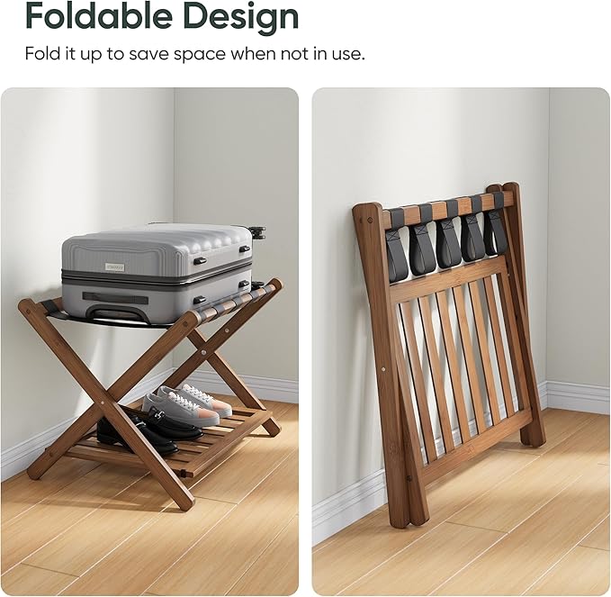 26.77“ Fully Assembled Dark Walnut Luggage Racks with Folable Storage Shelf, 5 Heavy-Duty Straps Bamboo Suitcase Stand, Luggage Holders for Guest Room, Bedroom, Hotel