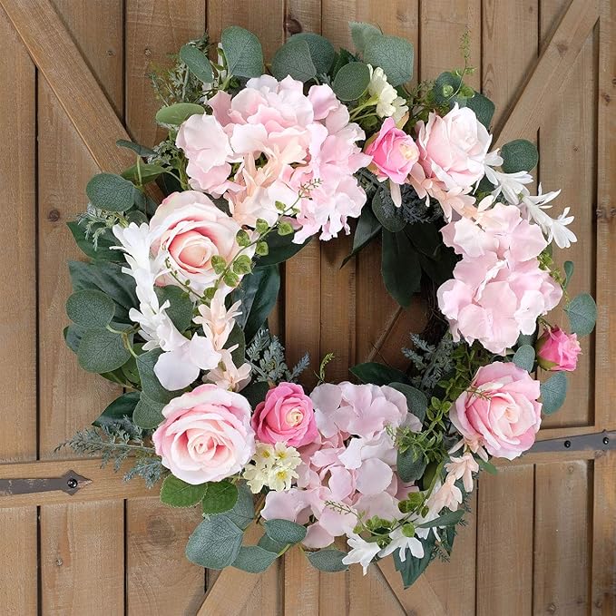 Artificial Pink Rose Wreath - 20 Inch Front Door Wreath with Hydrangea Leaves for Spring, Valentine's, Mother's Day, Wedding & Home Decor