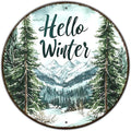 Hello Winter Christmas Pine Trees Tin Sign Vintage Round Metal Sign Wall Decor for Garage Home Living Room Bar Cafe Yard 12×12 Inch