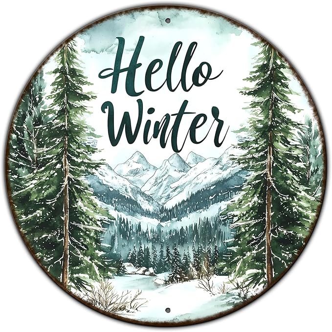 Hello Winter Christmas Pine Trees Tin Sign Vintage Round Metal Sign Wall Decor for Garage Home Living Room Bar Cafe Yard 12×12 Inch