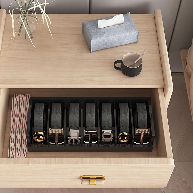 Belt Storage Organizer Box - 7 Grids Bamboo Belt Organizer for Closet | Wooden Belt Tie Hanger Racks for Men Women Drawer | Belt Display Holder Wall Mount with 2 Pcs Tie Clip (Black)