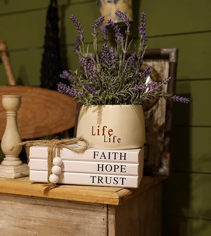 3 Pieces Wooden Decorative White Books, Rustic Farmhouse Faux Books for Coffee Table Shelves with Wood Bead Tassels and Leaves, 7'x 4.6'x 2.5' (Faith, Hope, Trust)