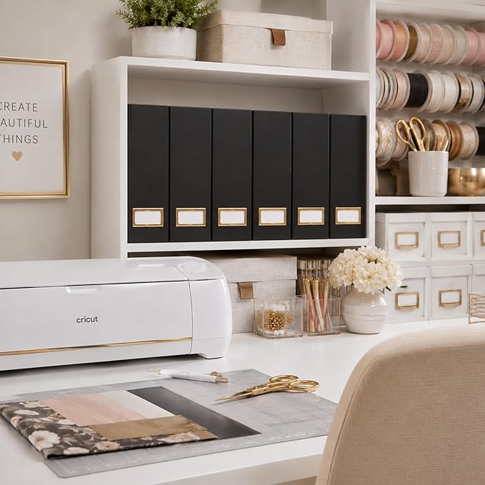 BLU MONACO | Cardboard Magazine File Holder Set of 6 Black | Vertical Magazine File Holder with Gold Label Slots | Standing File Holder and Cardboard Bins for Shelves Desk Storage