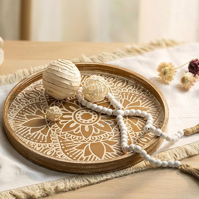 Hanobe Round Decorative Tray for Table: 2Pcs Vintage Coffee Table Trays with Boho Bead Garland for Home Decor - Farmhouse Wood Circle for Kitchen Counter Women