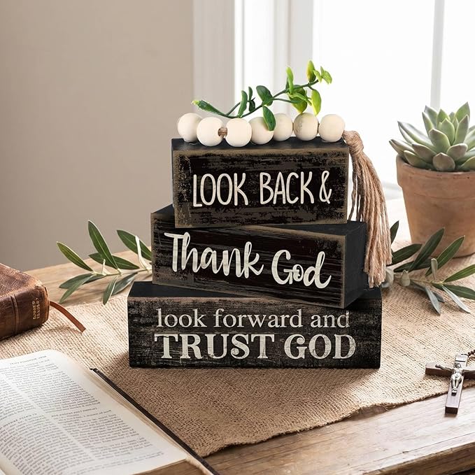 Moucuny 4 Pcs Farmhouse Table Decor Inspirational Wooden Signs Rustic Eucalyptus Leaves Wooden Block Sign Gift Thank and Trust God Farmhouse Table Centerpiece for Living Room Housewarming Gift