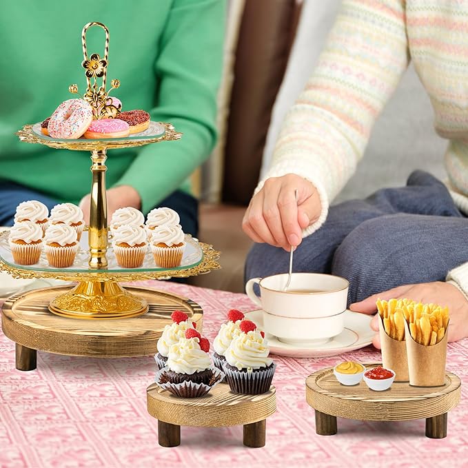 6PCS Wooden Risers for Display Wood Cake Stand for Party Round Food Risers for Buffet Wooden Holder Rustic Riser for Decor Tiered Tray Decor Home Kitchen (Light Brown, 6 PCS (8”, 6”, 5”))