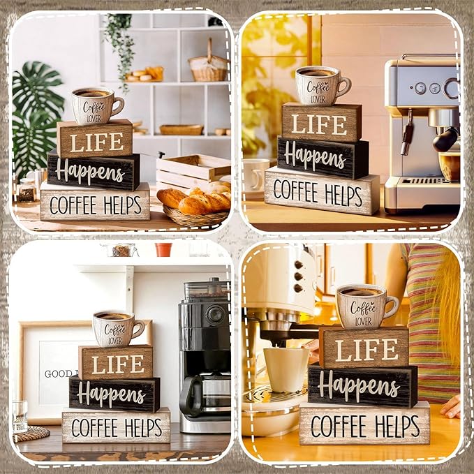 Moucuny 4 Pcs Farmhouse Coffee Bar Table Decor Vintage Wooden Stacked Block Sign - 'life Happens Coffee Helps' Table Centerpiece Rustic Wood Bar Sign Gift for Home Kitchen Shelf Tiered Tray Decor
